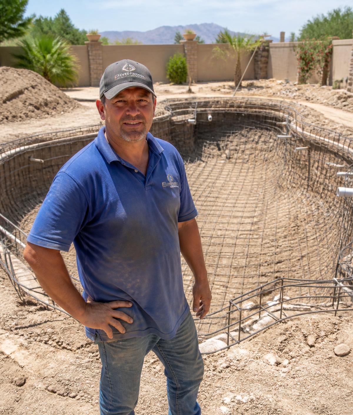 Pool contractor in a cap standing at a real backyard pool excavation site