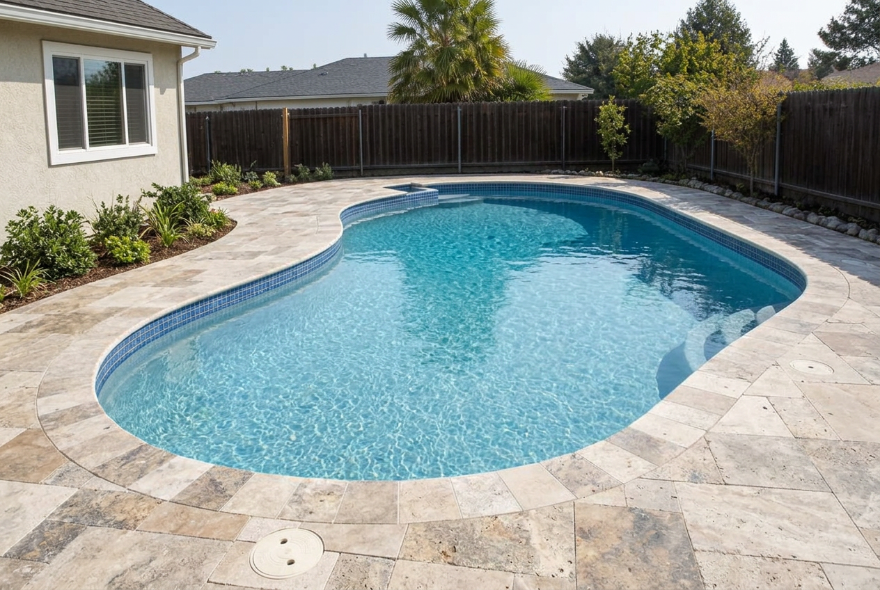 Remodeled pool with modern travertine deck and fresh plaster finish
